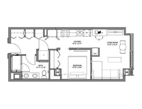 Floor plan for 1 bed, 1 bath, 593 sqft